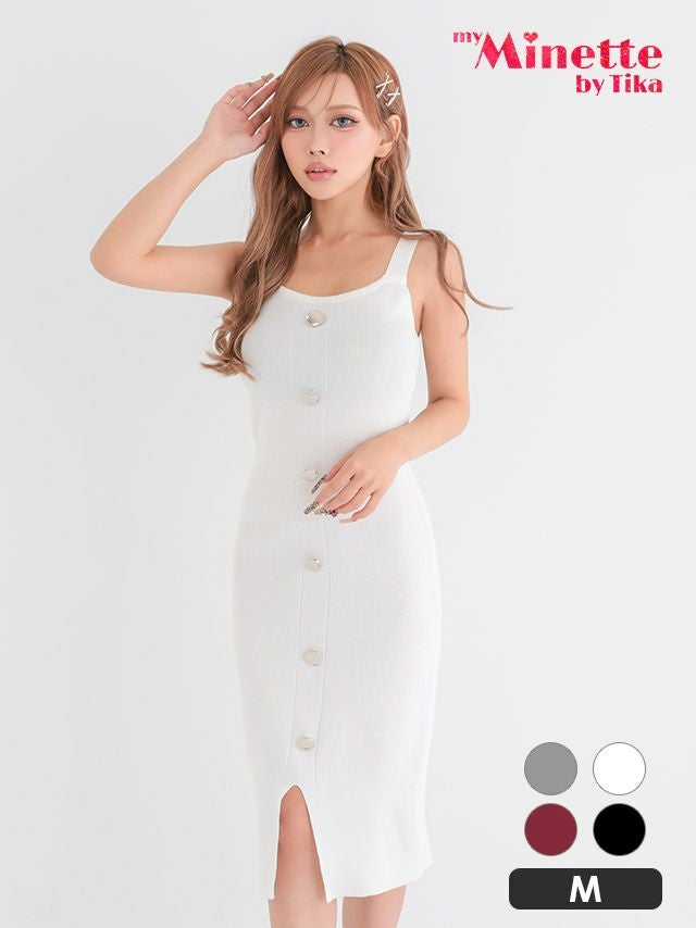 フロントボタン キャミソール スリット リブニット セクシー 膝丈 ドレス