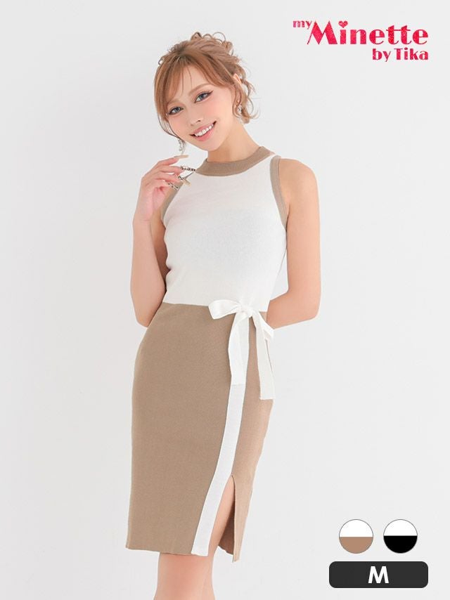 バイカラー リボン スリット ノースリーブ リブニット 膝丈 ドレス