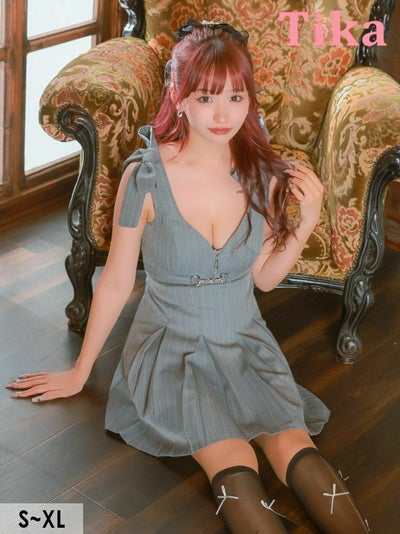 ミニ丈 キャバクラ クラブ ラウンジ ミニドレス フレアミニ Aライン ジップ セクシー 谷間 ノースリーブ リボンショルダー ストライプ グレー XL キャバドレス まやりん