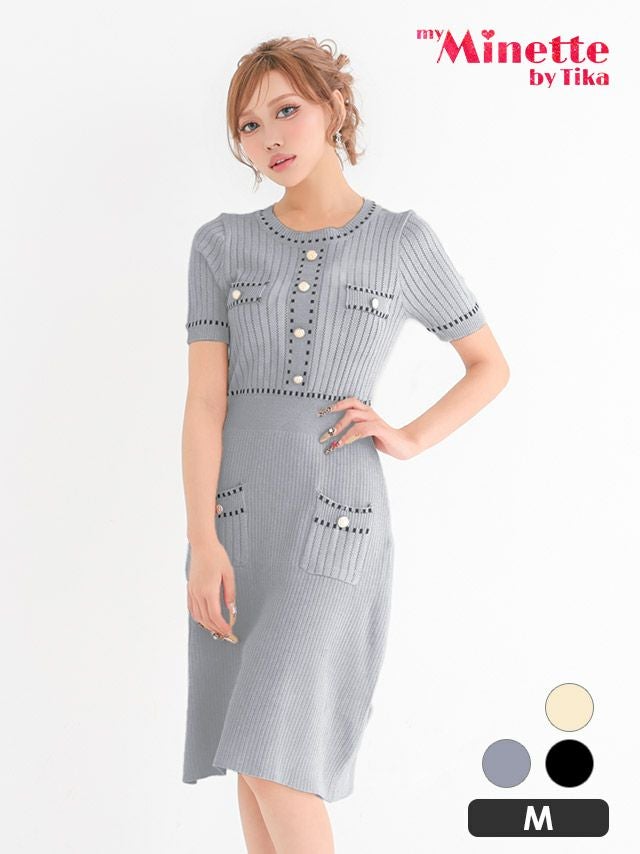 膝丈ドレス プチプラ 新人 タイト ニット ラウンジ 半袖 胸元隠し 同伴 グレー ゴールドボタン キャバドレス