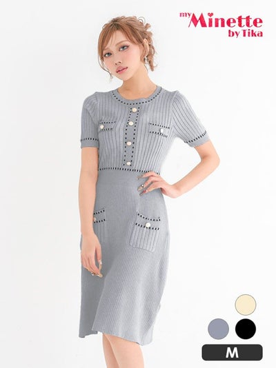 膝丈ドレス プチプラ 新人 タイト ニット ラウンジ 半袖 胸元隠し 同伴 グレー ゴールドボタン キャバドレス