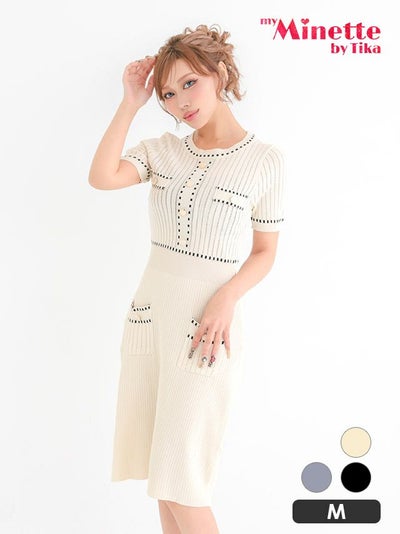 膝丈ドレス プチプラ 新人 タイト ニット ラウンジ 半袖 胸元隠し 同伴 アイボリー ゴールドボタン キャバドレス