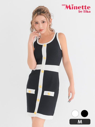 ミニドレス プチプラ ギャル タイト ニット ノースリーブ 低身長 胸元隠し 黒 バイカラー キャバドレス