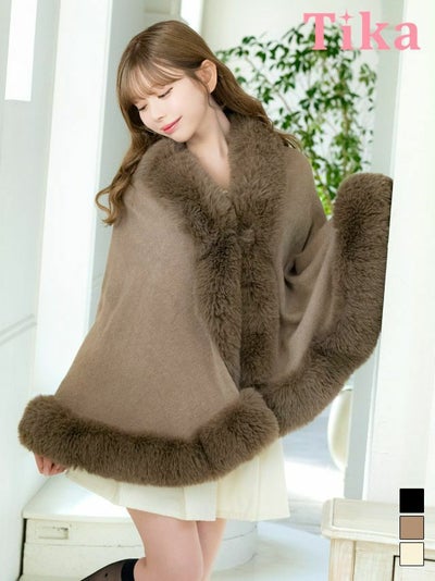 ボレロ ふわふわ フェイクファー付き ニット ポンチョ