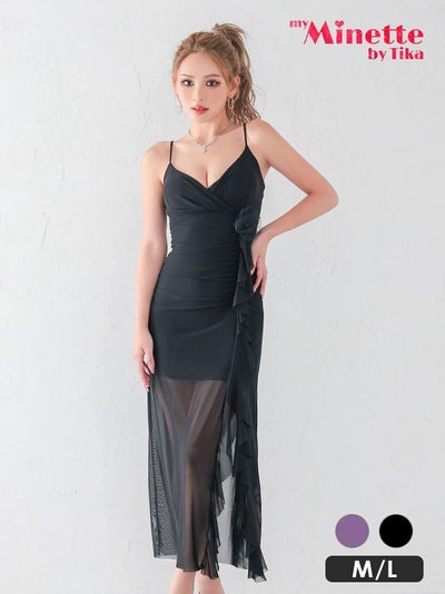 ロングドレス プチプラ 派手 タイト キャミソール シアー シースルー 谷間 背中魅せ ブローチ 黒 キャバドレス