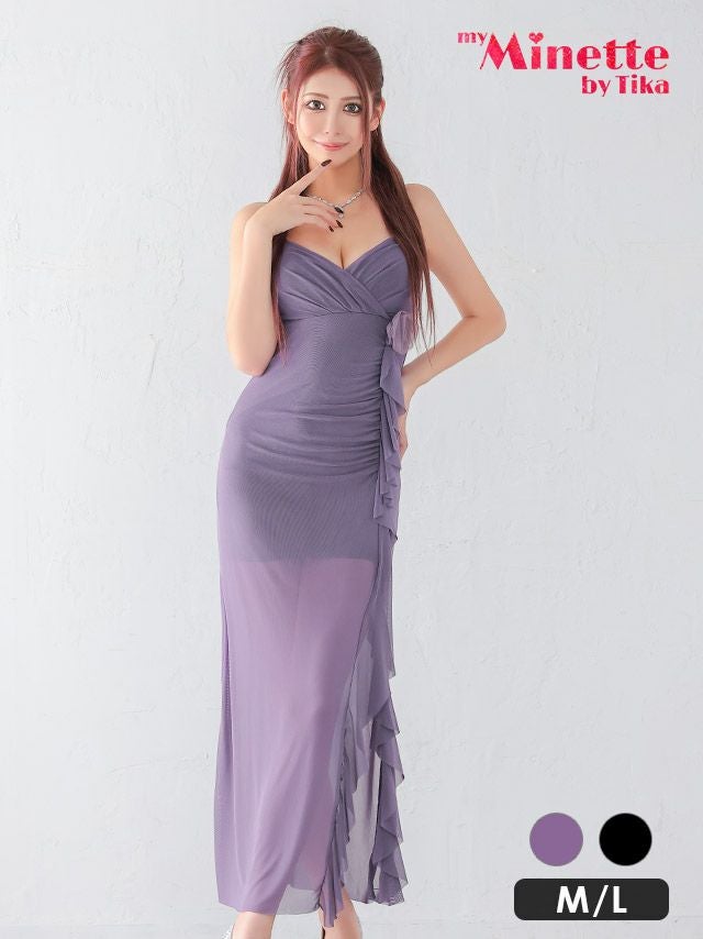 ロングドレス プチプラ 派手 タイト キャミソール シアー シースルー 谷間 背中魅せ ブローチ フリル 紫 キャバドレス 