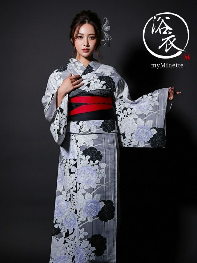 浴衣 選べる帯 レトログレー 薔薇 モノクロ ゆかた 3点セット