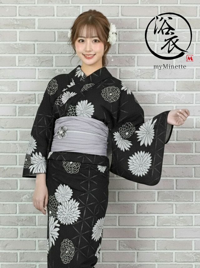浴衣 レトロ 菊柄 モノトーン 黒地 ゆかた 3点セット