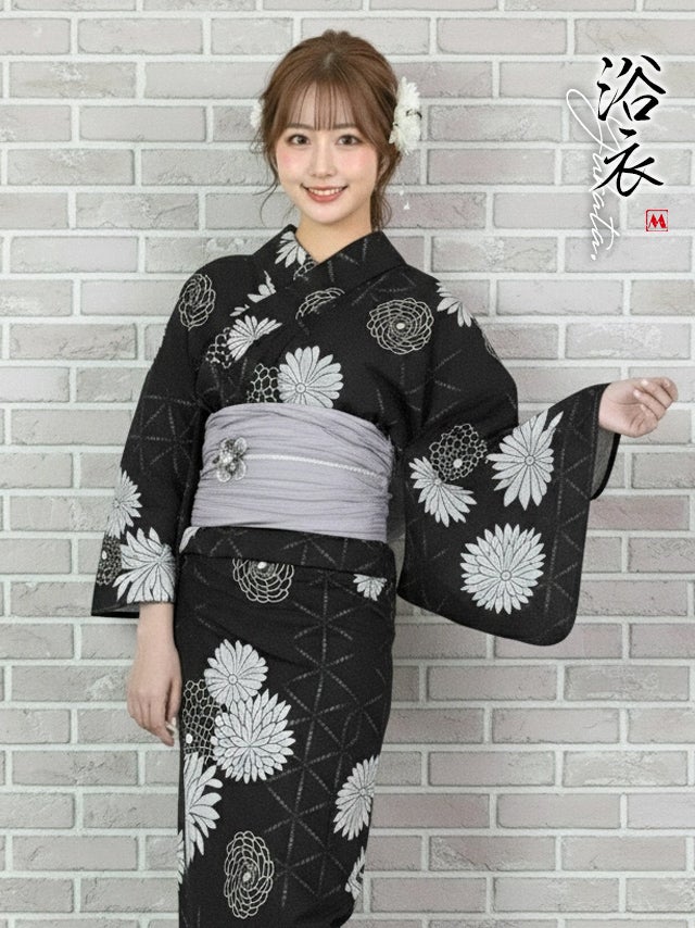 浴衣 レトロ 菊柄 モノトーン 黒地 ゆかた 3点セット