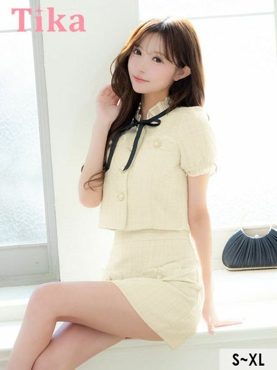 ミニ丈 キャバクラ クラブ ラウンジ ミニドレス タイト セットアップ 半袖 ブラジャーのまま ネックリボン ハイネック 胸元隠し ツイード パールボタン 同伴 白 アイボリー XL キャバドレス