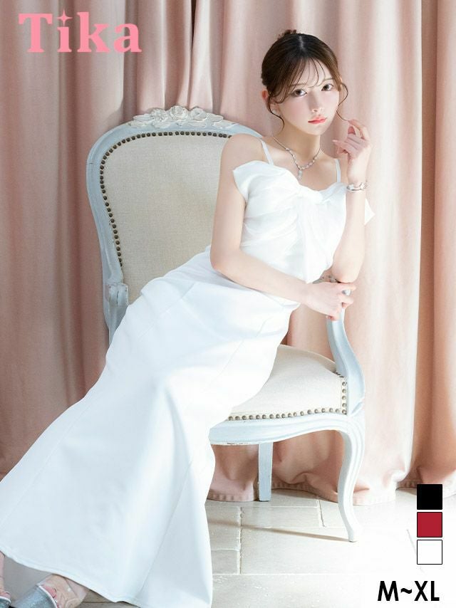 キャバドレス ロング丈 キャバクラ クラブ ラウンジ ロングドレス マーメイド バストリボン キャミソール バースデー タイト 胸元カバー ホワイト XL キャバドレス
