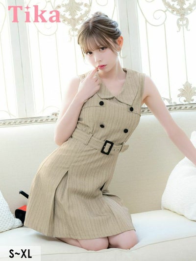 ミニ丈 キャバクラ クラブ ラウンジ ミニドレス Aライン ノースリーブ ワンピース 同伴 襟付き ベルト付き ダブルボタン ブラジャーのまま ストライプ XL ベージュ キャバドレス