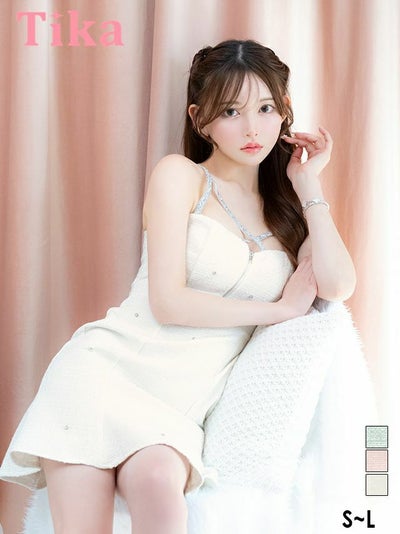 キャバドレス ミニ丈 キャバクラ クラブ ラウンジ ミニドレス バストジップ ツイード ラメキャミソール Aライン ビジュー キャバドレス