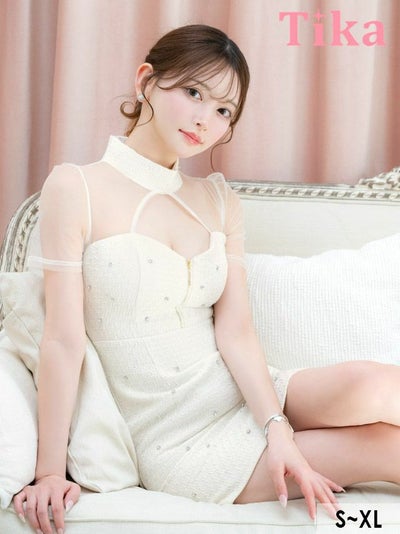 ミニ丈 キャバクラ クラブ ラウンジ ミニドレス タイト 半袖 シアー ハイネック バストカット ジップ 谷間 ツイード ストーン ホワイト XL キャバドレス