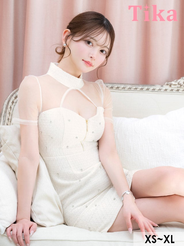 ミニ丈 キャバクラ クラブ ラウンジ ミニドレス タイト 半袖 シアー ハイネック バストカット ジップ 谷間 ツイード ストーン ホワイト XL キャバドレス