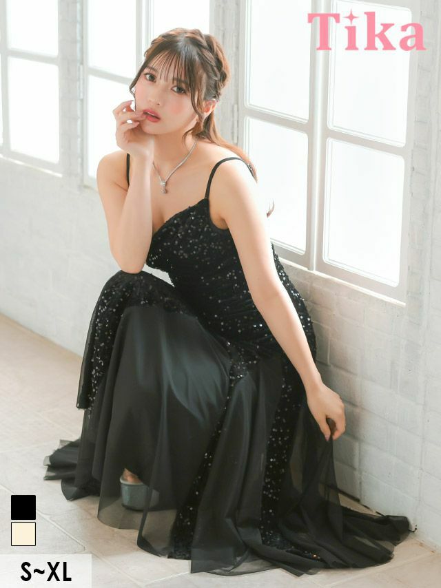 キャバドレス ロング丈 キャバクラ クラブ ラウンジ ロングドレス バースデー タイト 大人 マーメイド シフォン キャミソール キラキラ スパンコール 黒 キャバドレス