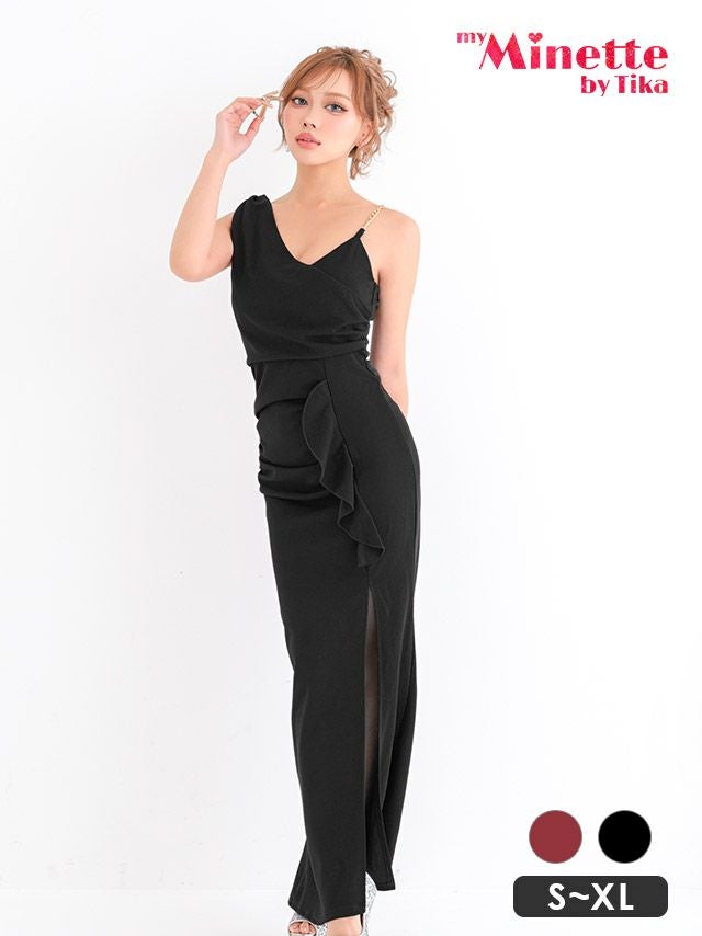 ロングドレス プチプラ ギャル タイト セクシー ノースリーブ ラウンジ 谷間 シンプル フリル スリット 黒 キャバドレス