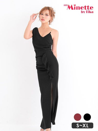 ロングドレス プチプラ ギャル タイト セクシー ノースリーブ ラウンジ 谷間 シンプル フリル スリット 黒 キャバドレス