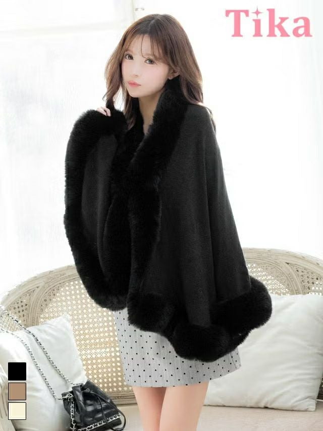 ボレロ ふわふわ フェイクファー付き ニット ワンカラー ポンチョ