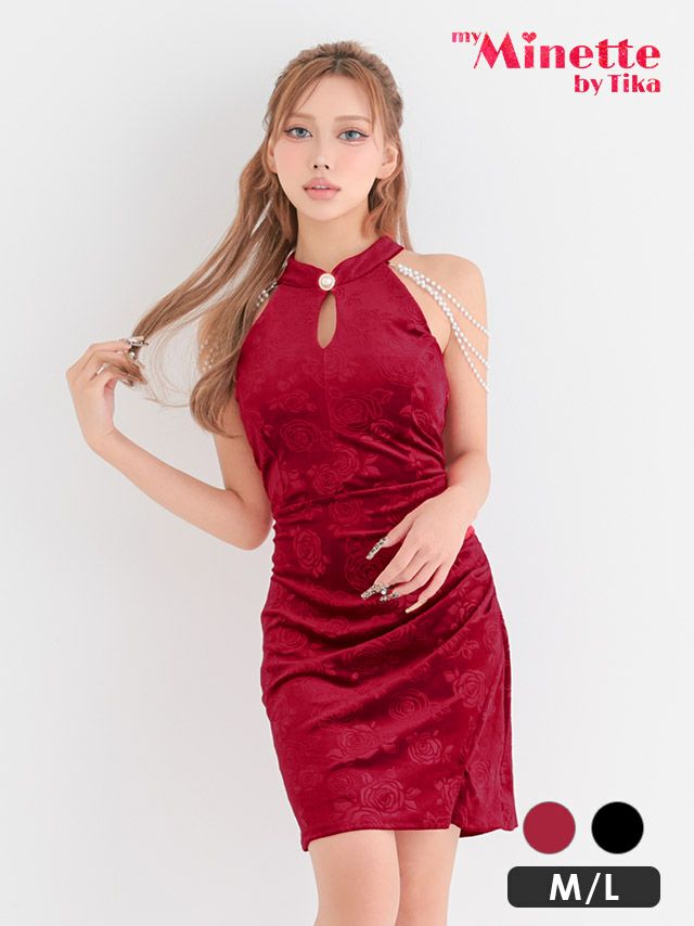 ミニドレス プチプラ 新人 タイト スリット ホルターネック セクシー ラウンジ 花柄 低身長 谷間 肩あき パール チャイナドレス風 ワインレッド キャバドレス