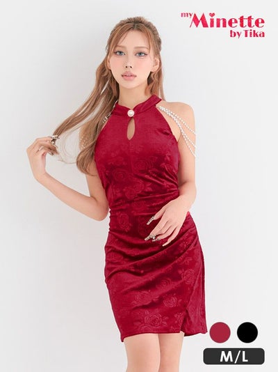 ミニドレス プチプラ 新人 タイト スリット ホルターネック セクシー ラウンジ 花柄 低身長 谷間 肩あき パール チャイナドレス風 ワインレッド キャバドレス