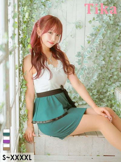 ミニ丈 キャバクラ クラブ ラウンジ ミニドレス タイト 大きいサイズ レース 大人 ノースリーブ ローズ刺繍 ストレッチ ペプラム ウエストリボン バイカラー 白 グリーン XL XXL 4L 5L 6L キャバドレス