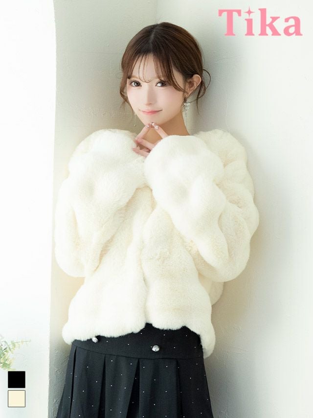 ボレロ ジャケット ノーカラー マシュマロ フェイクファー ショート丈 長袖 体型カバー 羽織り