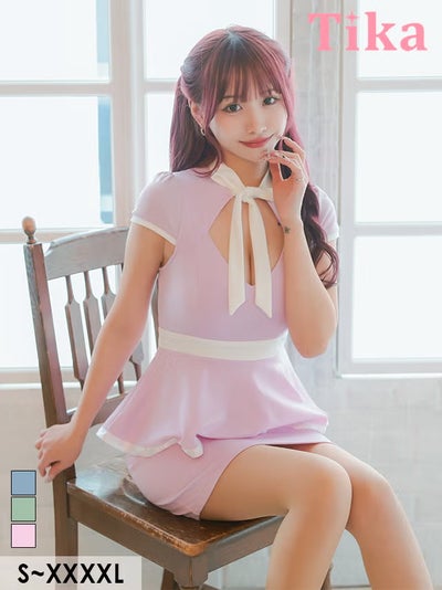 ミニ丈 キャバクラ クラブ ラウンジ ミニドレス タイト 谷間 大きいサイズ ストレッチ 半袖 ペプラム ネックリボン ブラジャーのまま パイピング バストカット ピンク XL XXL 4L 5L 6L キャバドレス