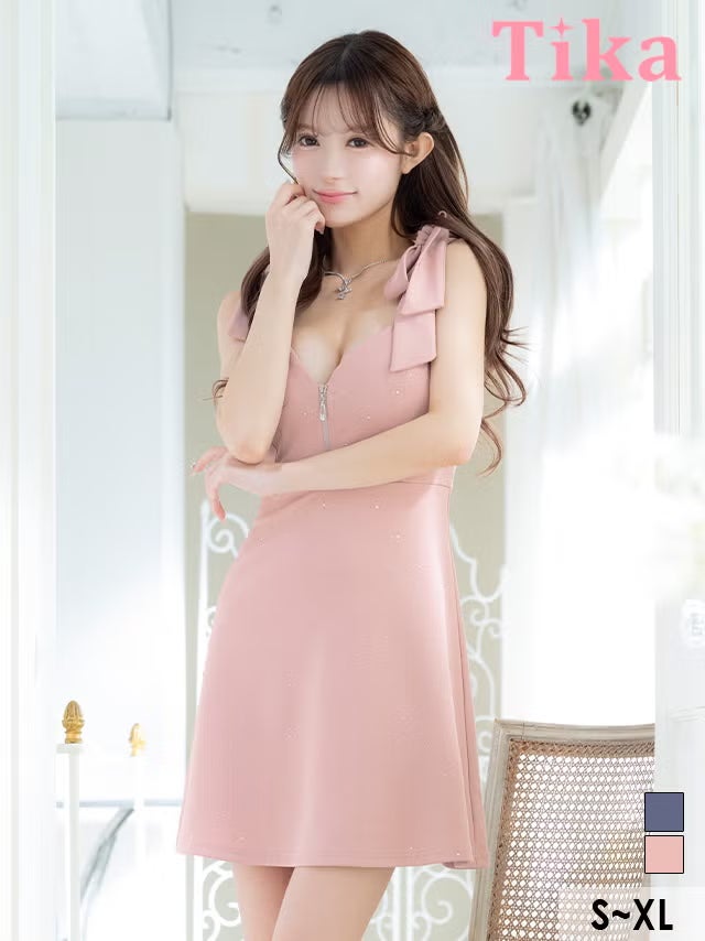 キャバドレス ミニ丈 キャバクラ クラブ ラウンジ ミニドレス Aライン ノースリーブ ショルダーリボン ジップ ビジュー 谷間 ストレッチ ピンク XL キャバドレス