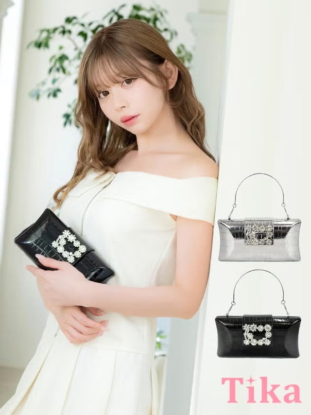 ハンドバッグ スクエア クロコダイル調 バックルビジュー チェーン 2Way