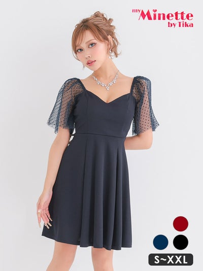 ミニドレス プチプラ 新人 ワンピース オフショル フレア シアー シアー袖 ドット柄 低身長 谷間 ハートカット プリーツ ネイビー キャバドレス