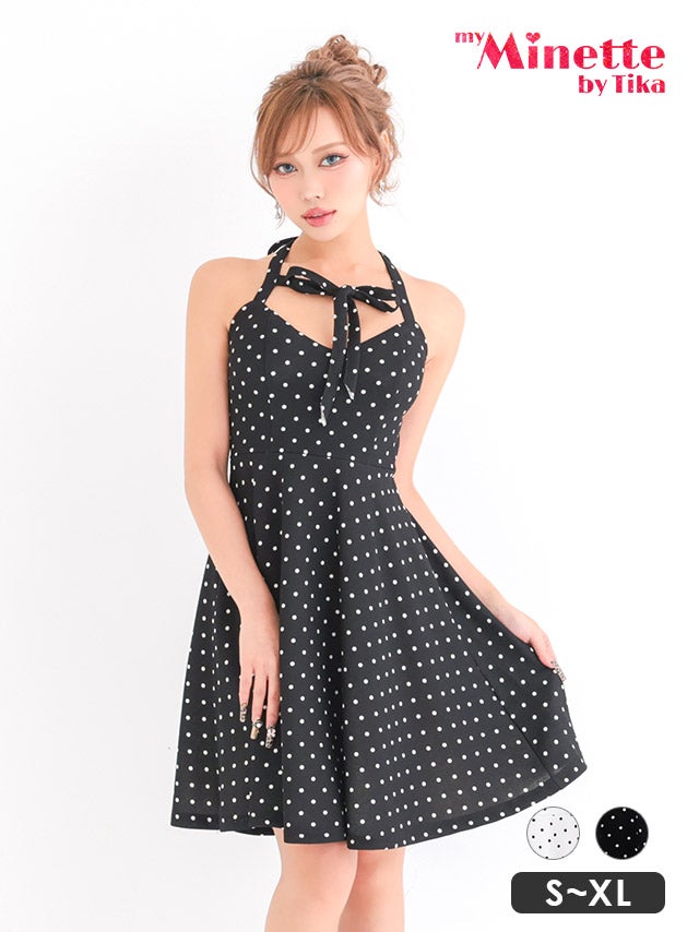 ミニドレス プチプラ 新人 ワンピース フレア ホルターネック ラウンジ ドット柄 低身長 谷間 ガーリー 黒 キャバドレス