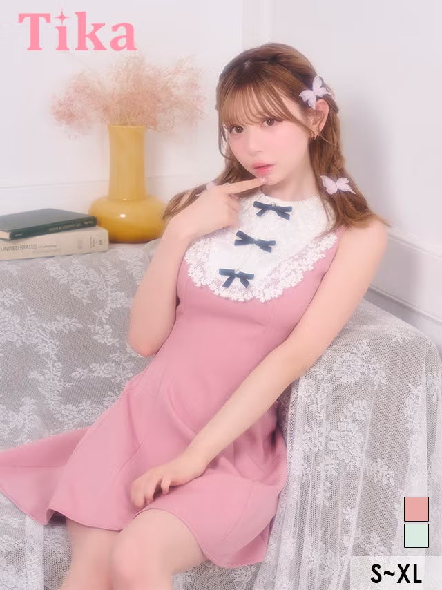 ミニ丈 キャバクラ クラブ ラウンジ ミニドレス ノースリーブ Aライン レース 襟付き リボン 同伴 胸元カバー 下着のまま ピンク XL キャバドレス