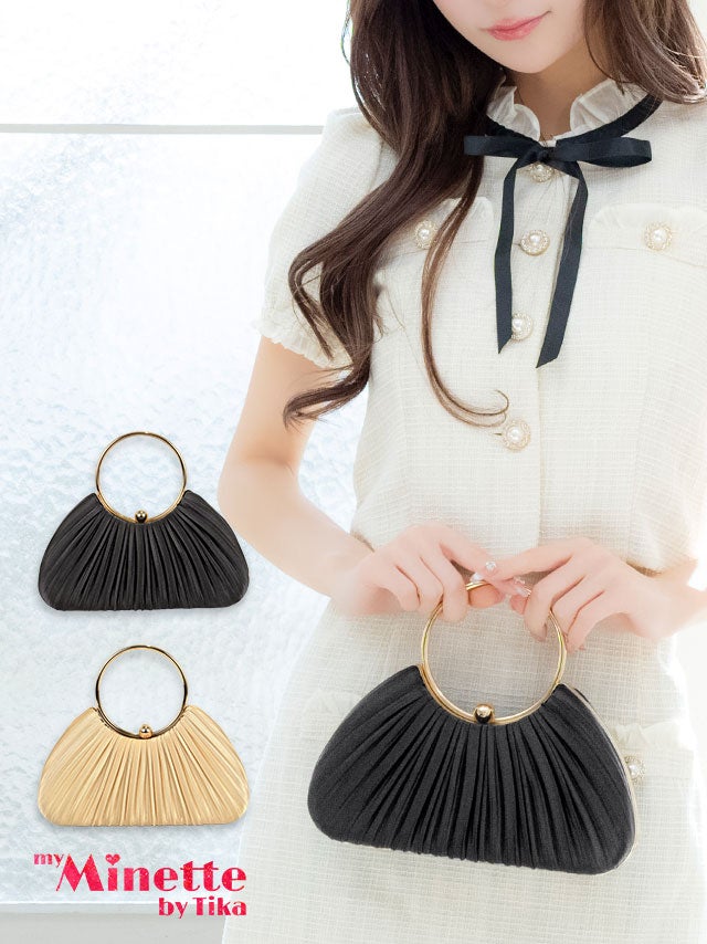 ハンドバッグ リングハンドル サテン プリーツ チェーン 2Way