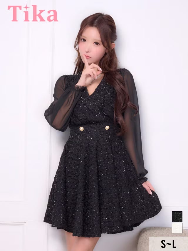 膝丈 キャバクラ クラブ ラウンジ 膝丈ドレス Aライン 長袖 ツイード ラメ ワンピース Vネック 大人 上品 二の腕カバー 下着のまま お呼ばれ 高身長 黒 キャバドレス