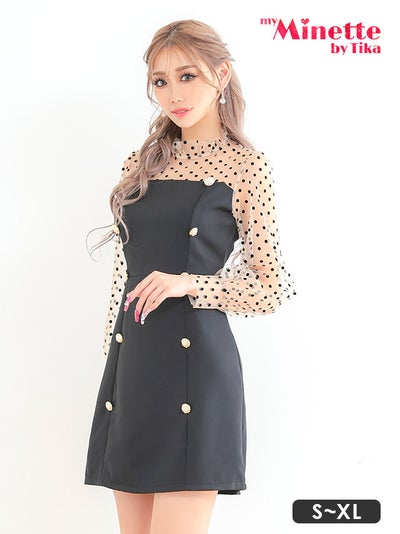 ミニドレス プチプラ 新人 タイト 長袖 ワンピース シアー シアー袖 ドット柄 低身長 胸元隠し 背中魅せ 同伴 黒 キャバドレス