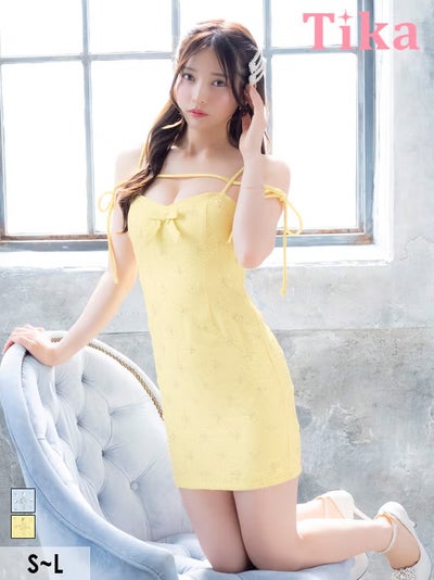 キャバドレス ミニ丈 キャバクラ クラブ ラウンジ ミニドレス キャミソール コード リボン 谷間 フラワービジュー キラキラ ツイード タイト イエロー キャバドレス