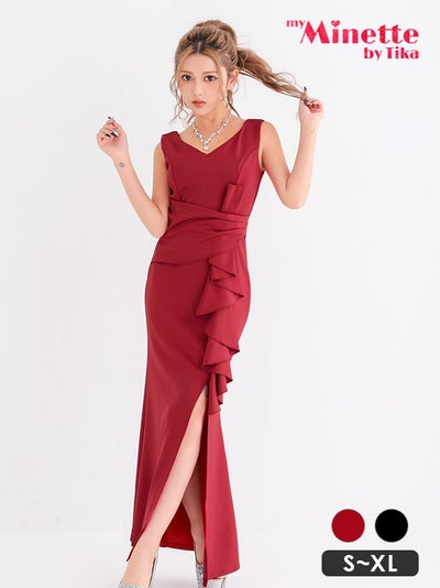 ロングドレス プチプラ 新人 タイト スリット セクシー 胸元隠し ラウンジ スナック フリル ワインレッド キャバドレス