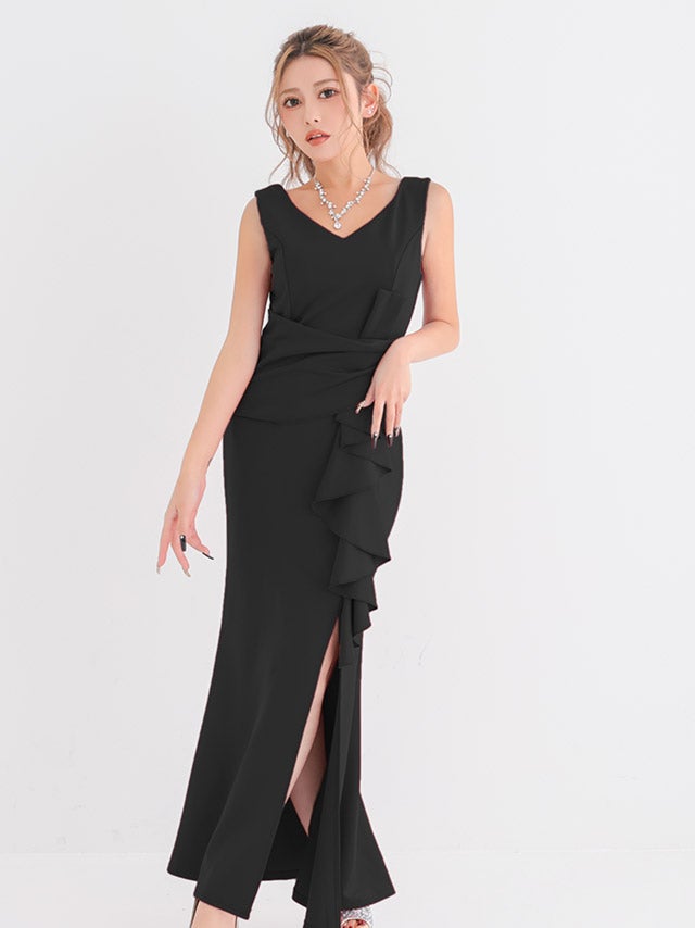 ロングドレス プチプラ 新人 タイト スリット セクシー 胸元隠し ラウンジ スナック フリル ワインレッド キャバドレス