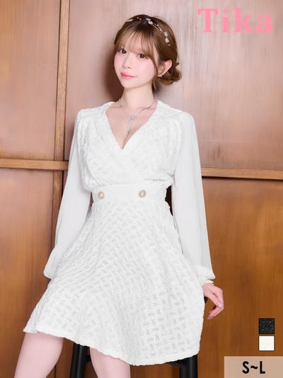 ミニ丈 キャバクラ クラブ ラウンジ 膝丈ドレス Aライン 長袖 ツイード ラメ ワンピース Vネック 大人 上品 二の腕カバー 下着のまま お呼ばれ 高身長 白 キャバドレス