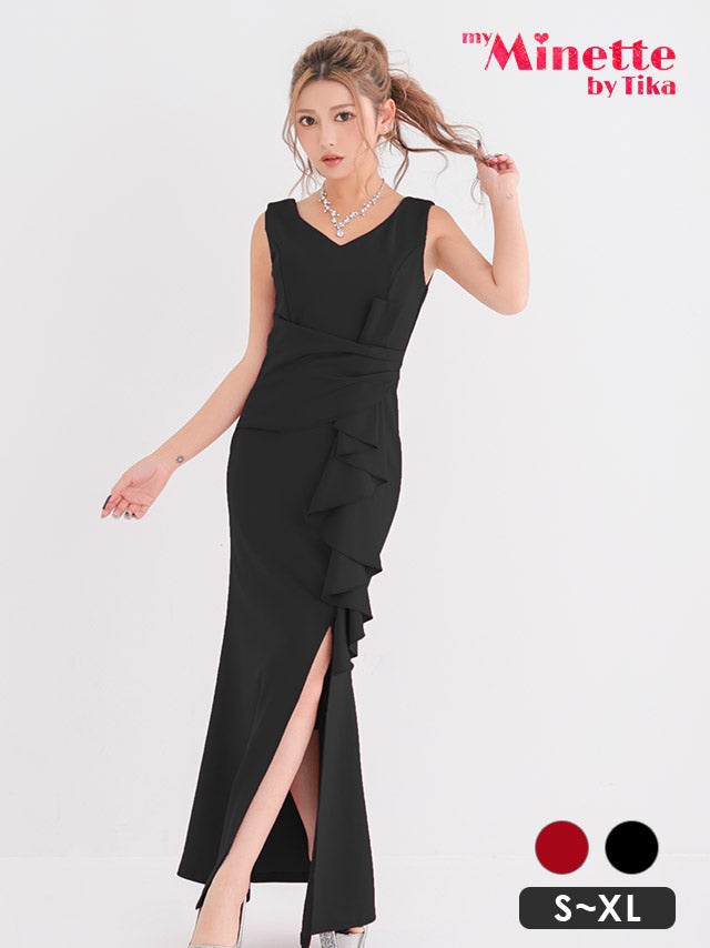 ロングドレス プチプラ 新人 タイト スリット セクシー 胸元隠し ラウンジ スナック フリル 黒 キャバドレス