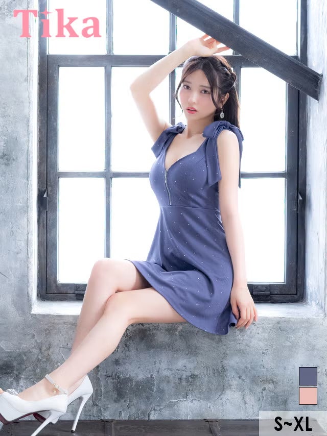 ミニ丈 キャバクラ クラブ ラウンジ ミニドレス Aライン ノースリーブ ショルダーリボン ジップ ビジュー 谷間 ストレッチ ブルー XL キャバドレス