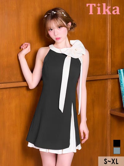 ミニ丈 キャバクラ クラブ ラウンジ ミニドレス アメリカンスリーブ ハイネック ネックリボン ワンピース ストレッチ Aライン バイカラー プリーツ 同伴 胸元カバー XL 黒 キャバドレス