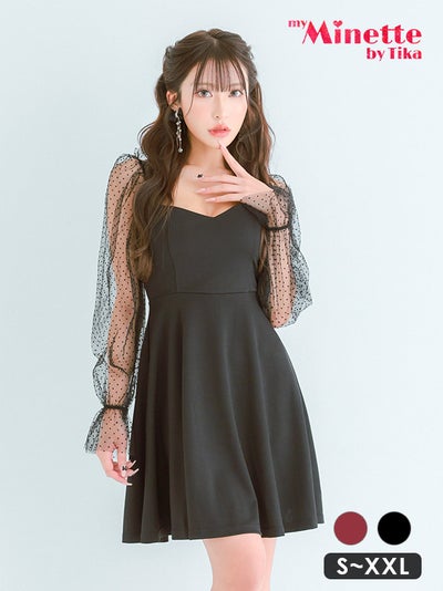 ミニドレス プチプラ 新人 長袖 袖あり ワンピース フレア シアー袖 ドット柄 低身長 黒 キャバドレス