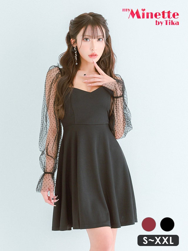 ミニドレス プチプラ 新人 長袖 袖あり ワンピース フレア シアー袖 ドット柄 低身長 黒 キャバドレス