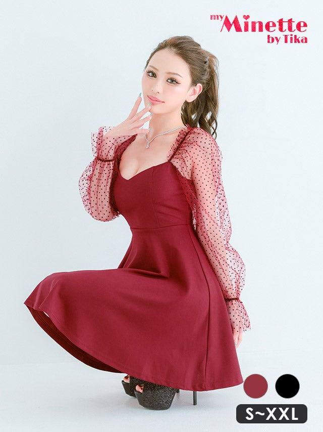 ミニドレス プチプラ 新人 長袖 袖あり ワンピース フレア シアー袖 ドット柄 低身長 ガーリー ワインレッド キャバドレス