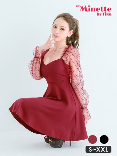ミニドレス プチプラ 新人 長袖 袖あり ワンピース フレア シアー袖 ドット柄 低身長 ガーリー ワインレッド キャバドレス