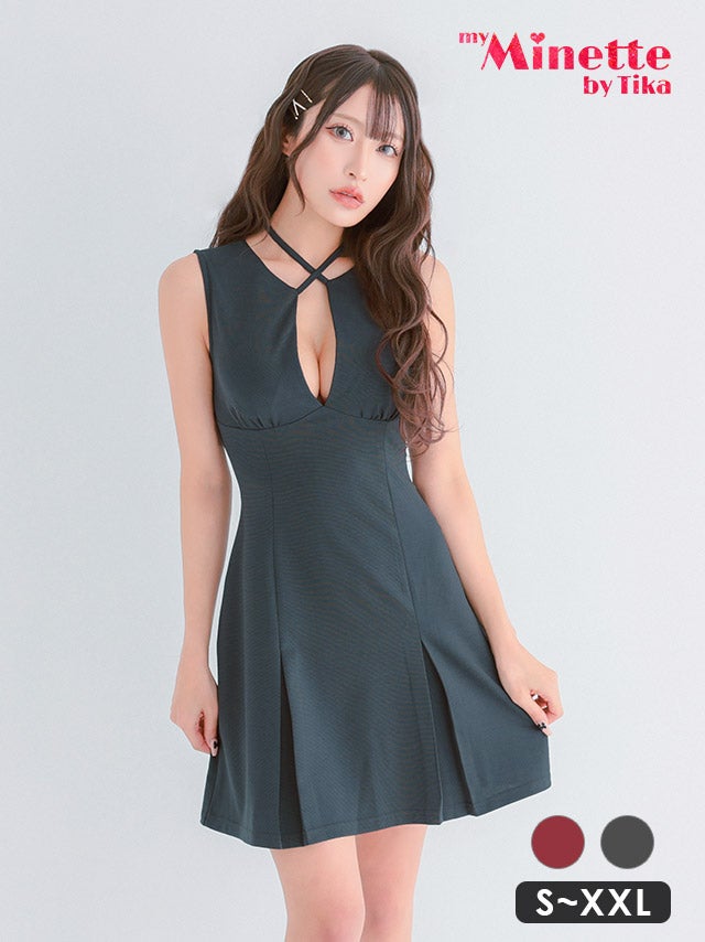 ミニドレス プチプラ ギャル フレア セクシー ラウンジ クロスデザイン チャコールグレー 低身長 谷間 プリーツ ワンカラー ワインレッド