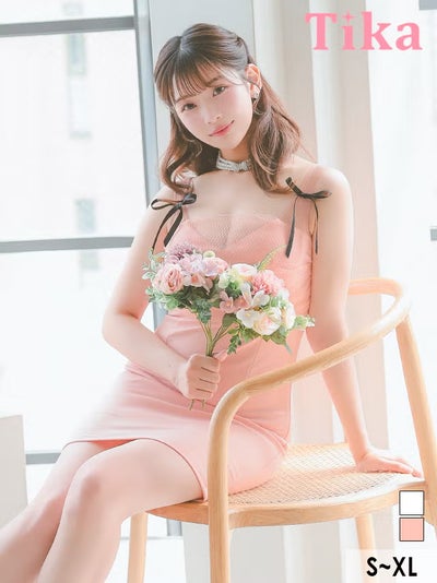 ミニ丈 キャバクラ クラブ ラウンジ ミニドレス キャミソール シアー バイカラー リボン ストレッチ XL ピンク タイト キャバドレス