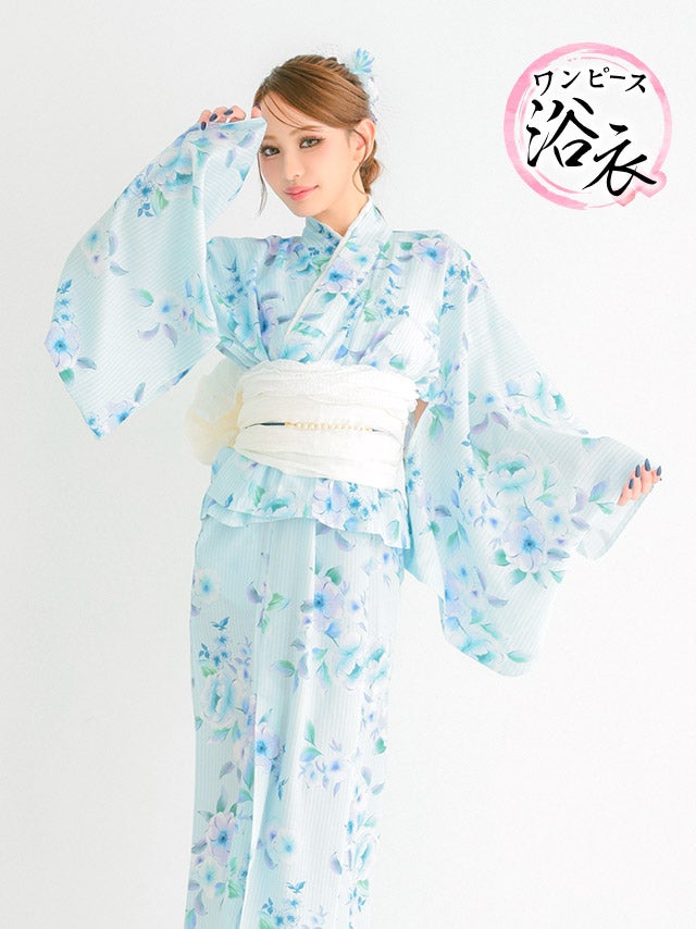 浴衣 プチプラ 3点セット ワンピース2way ストライプ 花柄 水彩 SWEET 水色 ブルベ